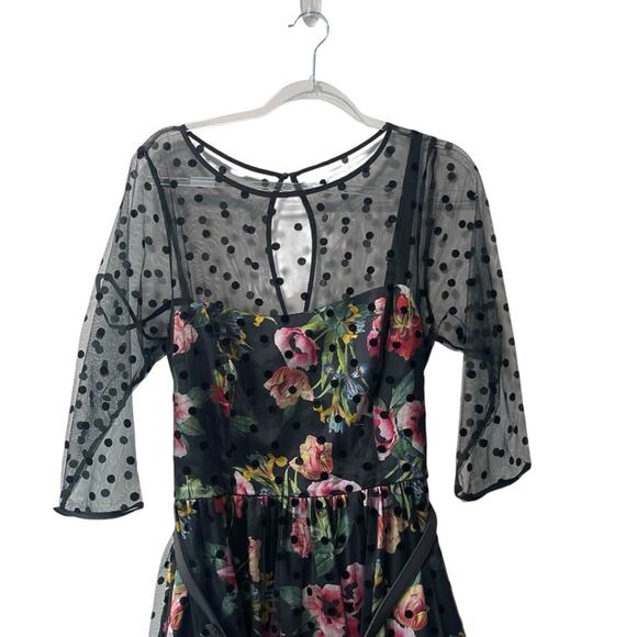City Chic Poppy Spot Dress Floral with Polka Dot Mesh Overlay Black Multi 16 - Picture 2 of 10